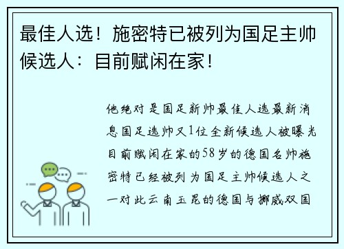 最佳人选！施密特已被列为国足主帅候选人：目前赋闲在家！